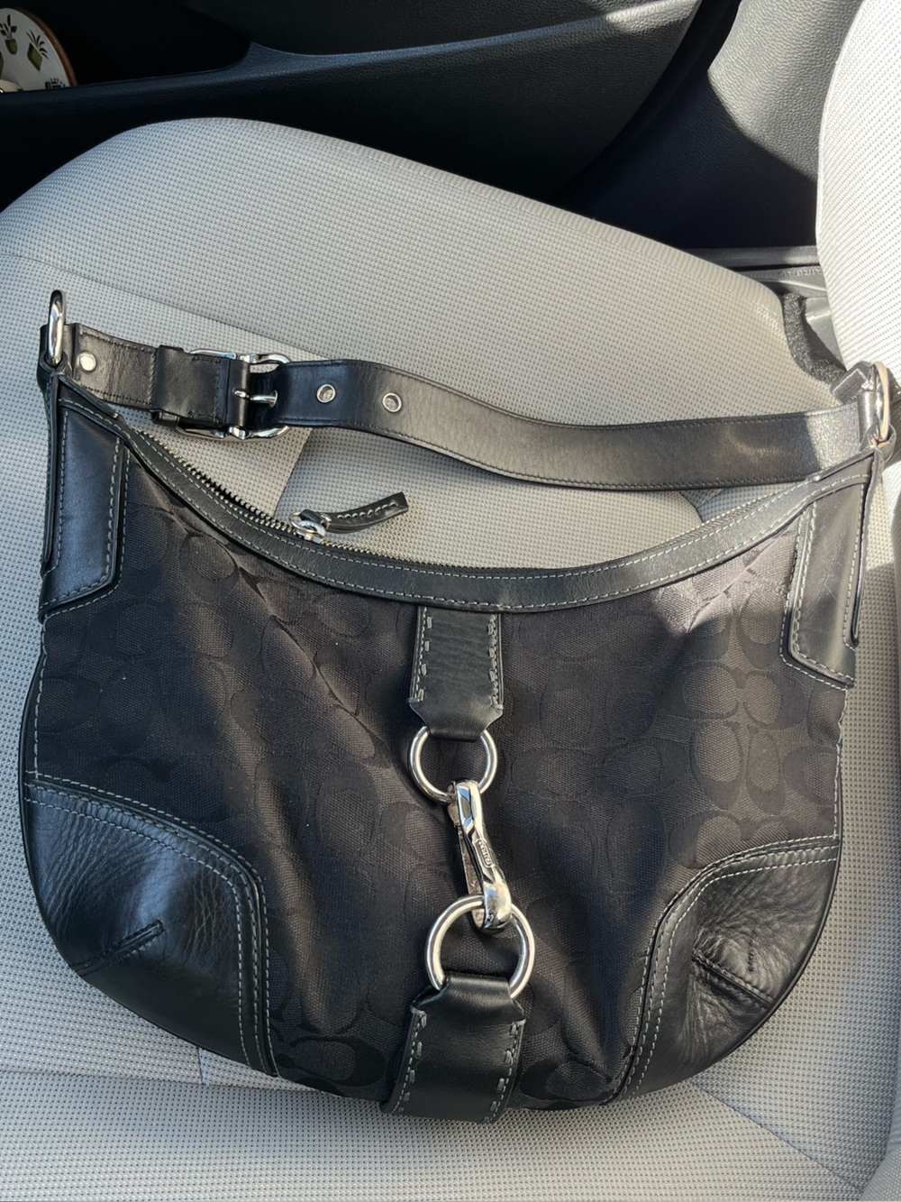 Coach Black Signature Canvas Shoulder Bag with Silver Hardware
